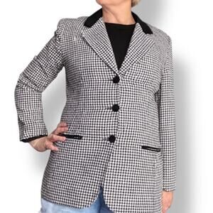Vintage Black White Houndstooth Velvet Collar Tailored Blazer Jacket Wool Blend